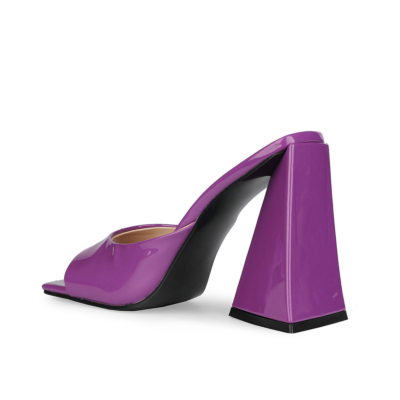 Purple Patent Leather Party Mule Sandals Square Toe Slides with Block Heel