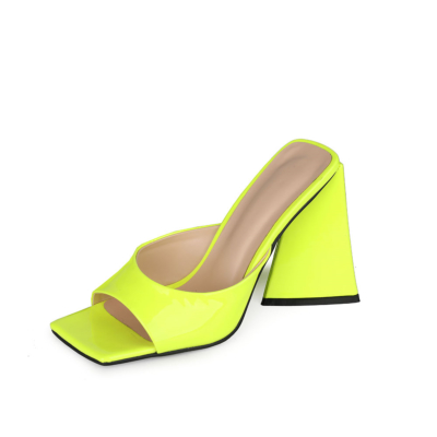 Neon Lime Patent Leather Party Mule Sandals Square Toe Slides with 4 inch Block Heel