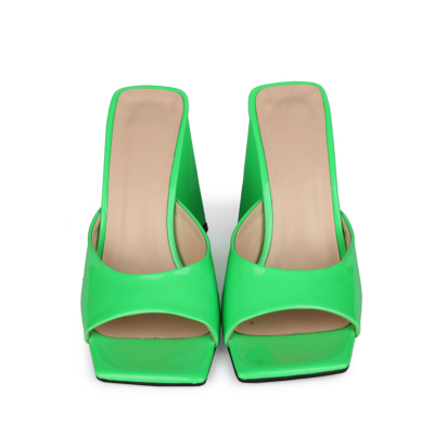 Neon Green Patent Leather Party Mule Sandals Square Toe Slides with Block Heel