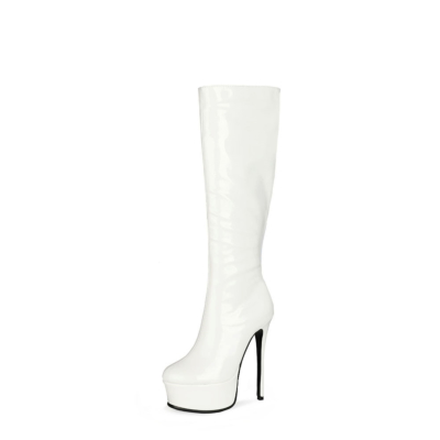White Patent Leather Party Stiletto Platform Knee High Boots Dresses Zipper Pleaser Booties