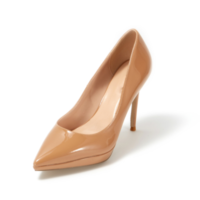 Nude Patent Leather Pointed Toe Platform Stiletto Heels Pumps