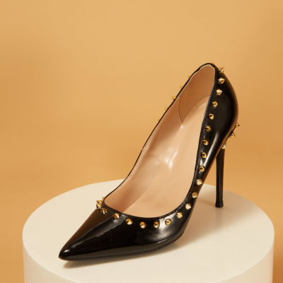 Black Patent Leather Rivets Stiletto Pumps Sexy Pointed Toe Work High Heels