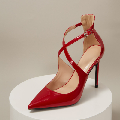 Red Patent Leather Sexy Buckle Criss-Cross Strap Stiletto Heel Pumps