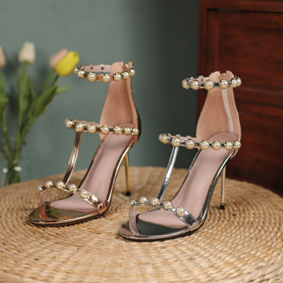 Pearl Embellished Bridal T-Strap Sandals High Heels Strappy Zip Shoes for Wedding