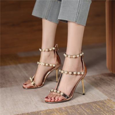 Golden Pearl Embellished Bridal T-Strap Sandals High Heels Strappy Zip Shoes for Wedding-style2