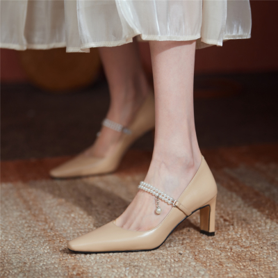 Nude Pearls Strap Heeled Mary Janes Sqaure Toe Leather Dress Pumps