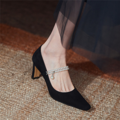 Black Pearls Strap Heeled Mary Janes Sqaure Toe Suede Dress Pumps