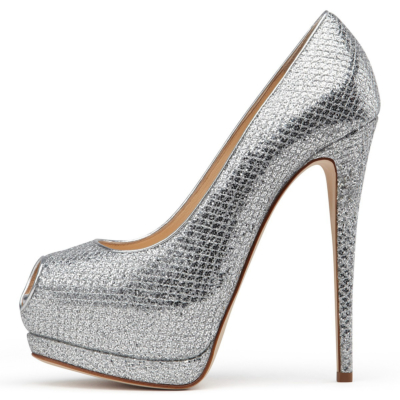 Silver Glitter Peep Toe Platform Pumps with Stiletto Heels Dresses Sequin Shoes