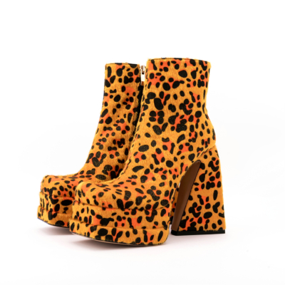 Brown Leopard Print Platform Square Toe Boots Block Heels Zip Ankle Booties