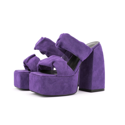 Purple Plisse Chunky Heel Platform Mule Sandals Double Strap Suede Mules Heels