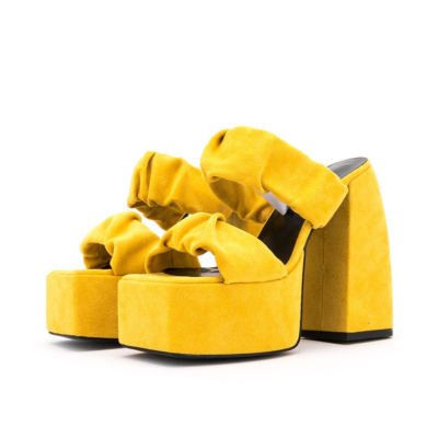 Yellow Plisse Chunky Heel Platform Mule Sandals Double Strap Suede Mules Heels