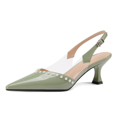 Green Pointed Toe Patent Leather Bridal Pearl Pumps Slingback Buckle Shoes