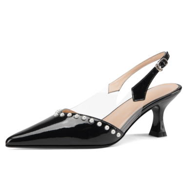 Black Pointed Toe Patent Leather Bridal Pearl Pumps Slingback Buckle Shoes