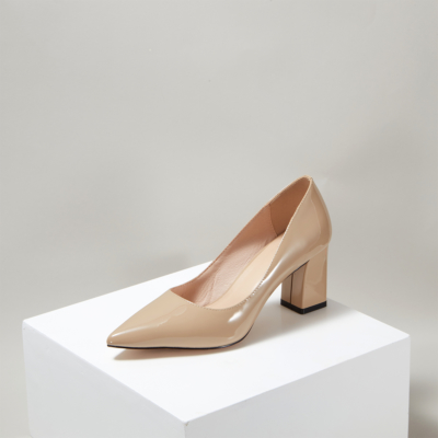 Nude Patent Leather Pointy Toe Chunky Heels Pumps