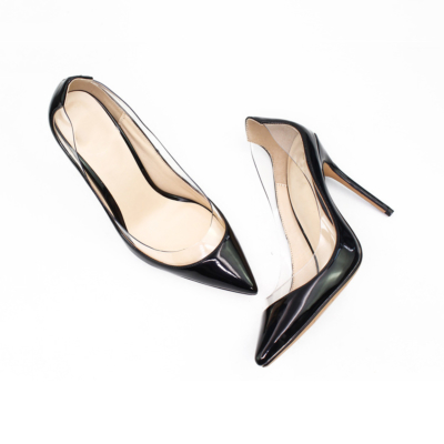 Black PU Leather and Clear Ladies Shoes Pointy Toe Transparent Pump 4 inch Stiletto Heels