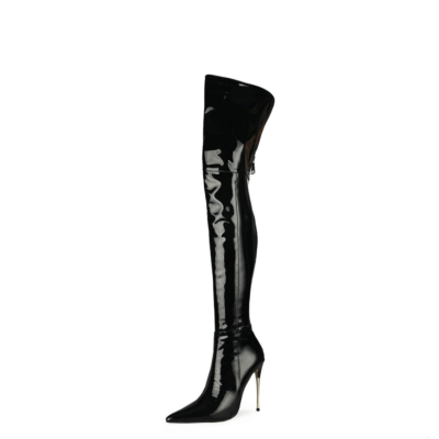 Black Pull On Over The Knee Boots Pointed Toe Dance Thigh High Boots 5 inches Heels