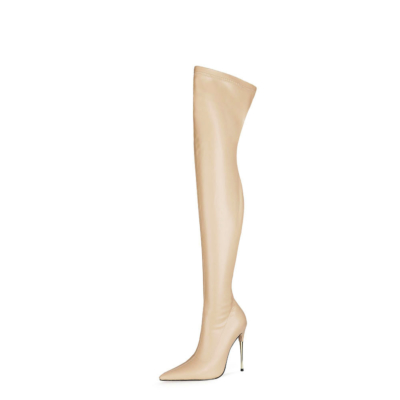 Apricot Pull On Over The Knee Boots Pointed Toe Dance Thigh High Boots 5 inches Heels