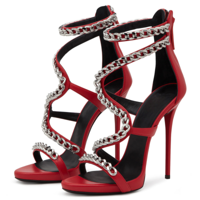 Red Chain Wrap Sandals 12cm Heels with Back Zipper