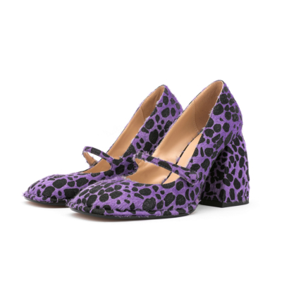 Purple Leopard Print Chunky Heel Mary Jane Pumps Square Toe Faux Fur Dress Shoes