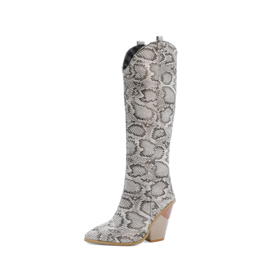 White Snake-effect High Heel Cowgirl Boots Knee High Boots