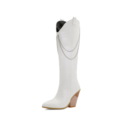 White Snake-effect Heeled Chain Cowgirl Boots Knee High Boots