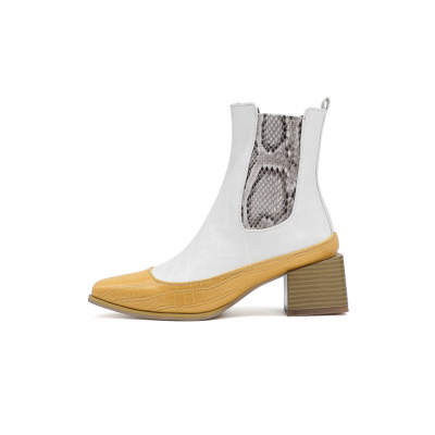 White Python Effect Ankle Booties Square Toe Chelsea Boots