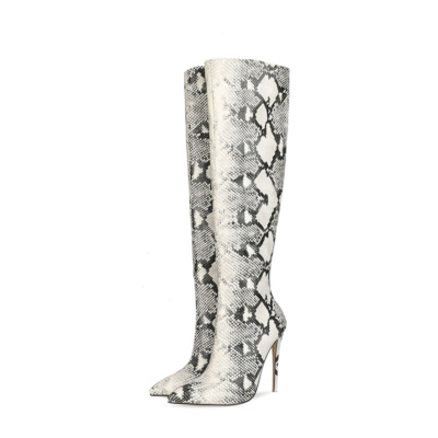 Black and White Python Print Booties Stiletto Heeled Pointed Toe Knee High Boots