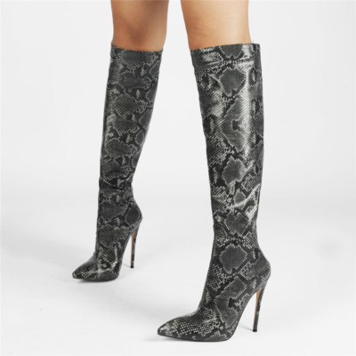 Python Print Booties Stiletto Heeled Pointed Toe Knee High Boots