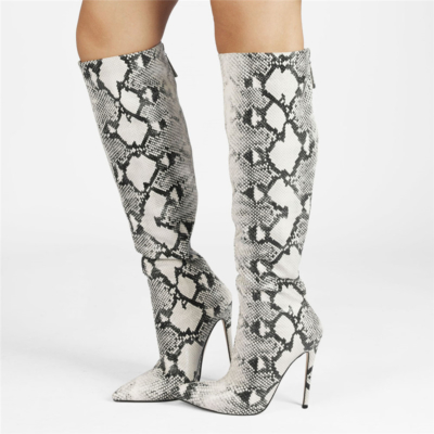 Black and White Python Print Booties Stiletto Heeled Pointed Toe Knee High Boots