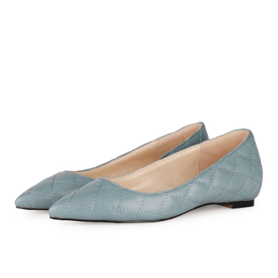 Blue Quilted Pointed Toe Flat Pumps Ballet Shoes for Work