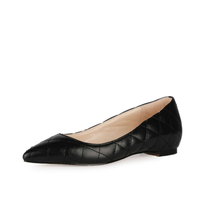 Black Office Quilted Pointed Toe Flat Pumps Slip On Ballet Shoes for Work