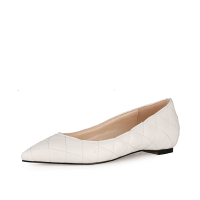 White Office Quilted Pointed Toe Flat Pumps Slip On Ballet Shoes for Work