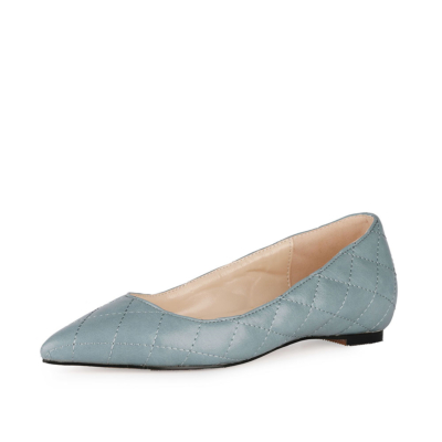 Blue Office Quilted Pointed Toe Flat Pumps Slip On Ballet Shoes for Work