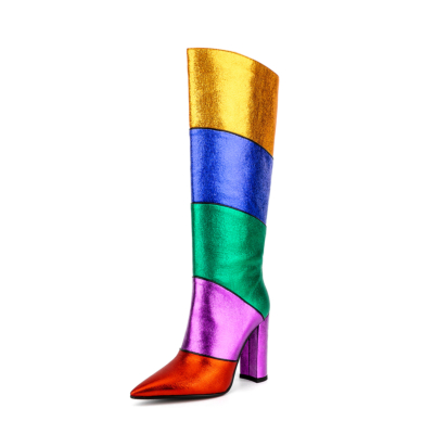 Rainbow Colors Metallic Pointed Toe Chunky Heel Knee High Booties