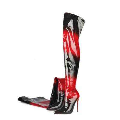 Red and Black Heeled Boots Wide Calf Zip Over The Knee Boots