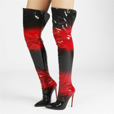 Red and Black Heeled Boots Wide Calf Zip Over The Knee Boots