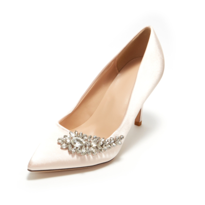 Champagne Wedding Crystal Embellished Pointy Toe Stiletto Heels Satin Pumps Shoes for Women