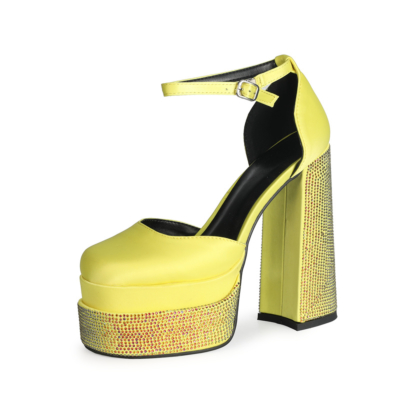 Neon Yellow Rhinestone Ankle Strap Platform Pumps Satin Closed Toe Chunky High Heels