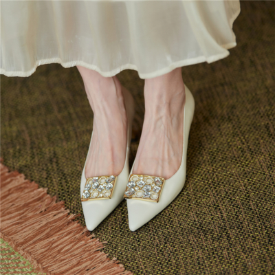 White Rhinestones Buckle Leather Pumps Pointy Toe Metal Heels Shoes for Work