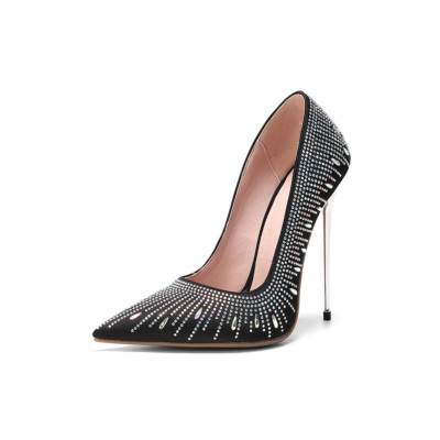 Black Rhinestones Satin Pumps Pointed Toe Dresses Shoes Metallic Stiletto Heels with Closed Toe
