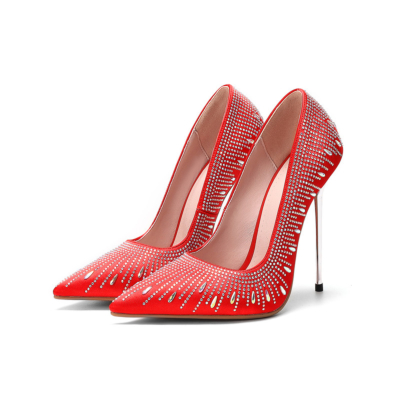 Red Rhinestones Satin Pumps Pointed Toe Dresses Shoes Metallic Stiletto Heels with Closed Toe