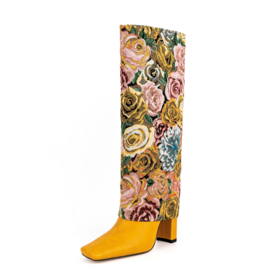 Yellow Rose Flower Embroidery Fold over Knee High Boots Chunky Heel Square Toe Booties