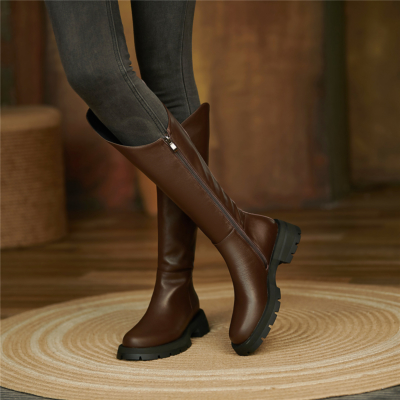 Brown Leather Knee High Boots Round Toe Flat Booties