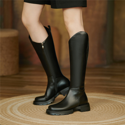 Winter Leather Knee High Boots Round Toe Flat Booties