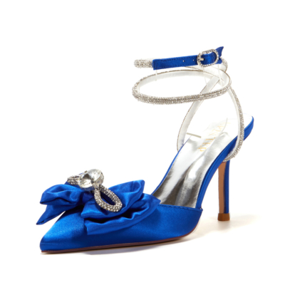Royal Blue Rhinestone Bow Satin Ankle Strap Pumps Comfortable Mid Heel Wedding Shoes
