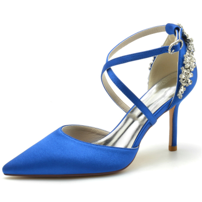 Royal Blue Satin Pointed Toe Cross Strap Pumps Stiletto Heel Wedding Shoes