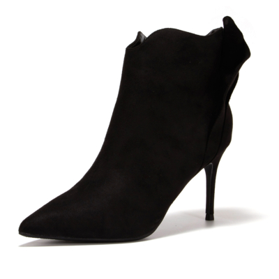 Black Ruffle Ankle Booties Pointed Toe Stiletto High Heel Zipper Boots