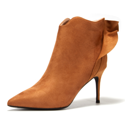 Brown Ruffle Ankle Booties Pointed Toe Stiletto High Heel Zipper Boots