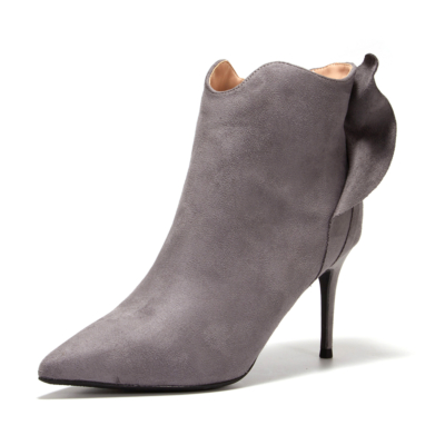 Grey Ruffle Ankle Booties Pointed Toe Stiletto High Heel Zipper Boots