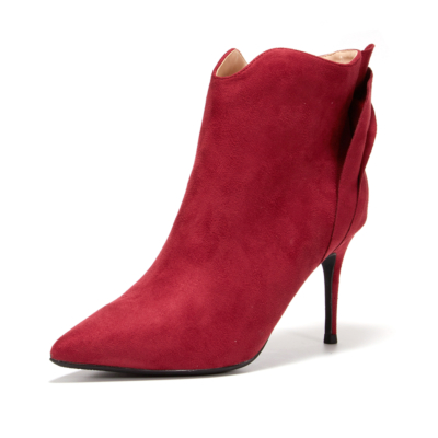 Burgundy Ruffle Ankle Booties Pointed Toe Stiletto High Heel Zipper Boots